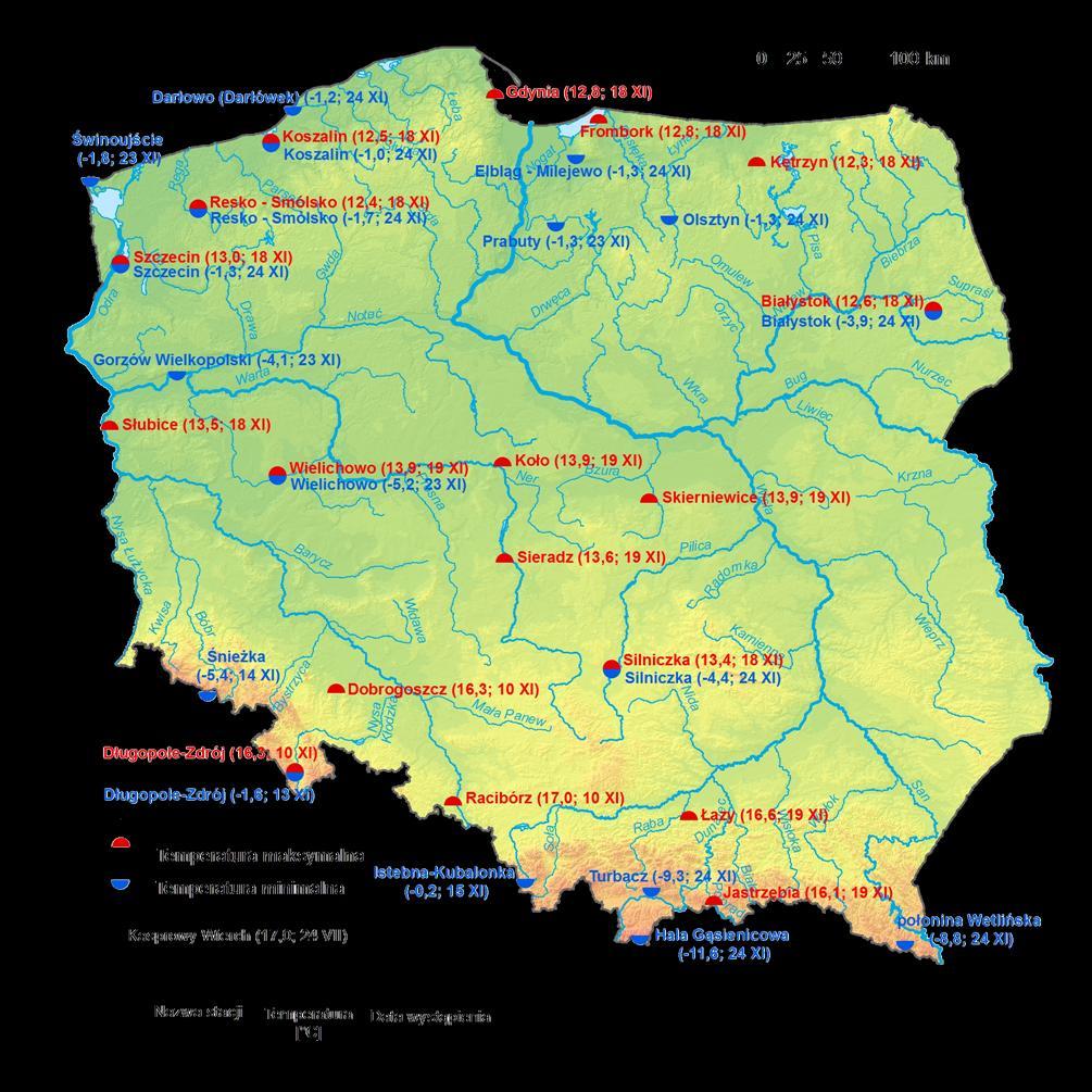 2. Temperatury ekstremalne w regionach Polski