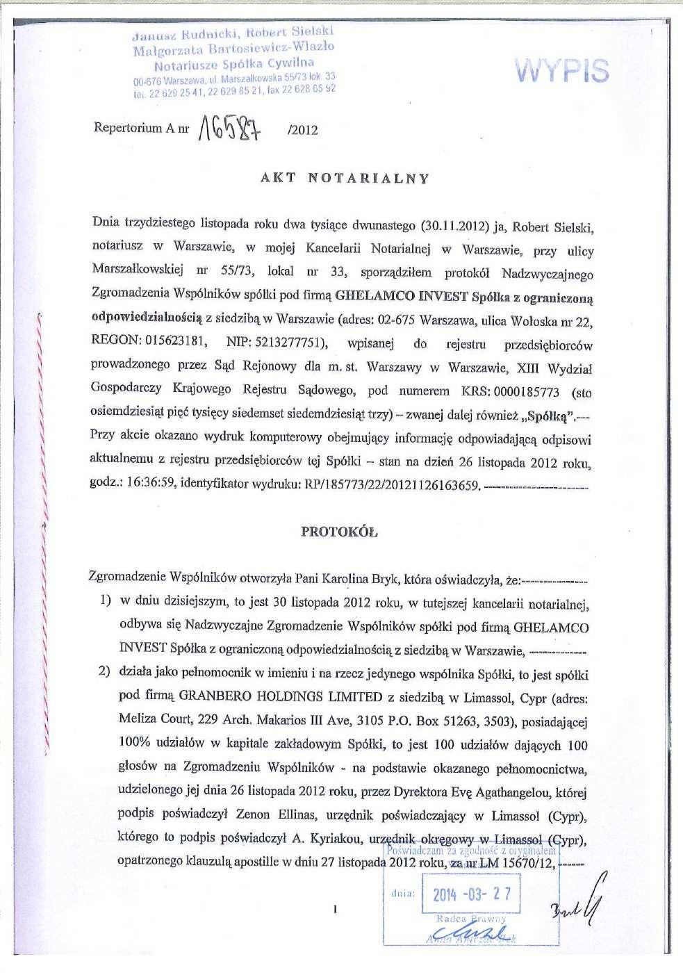 15. Ujednolicony aktualny tekst statutu Emitenta lub umowy spółki oraz treść podjętych uchwał walnego