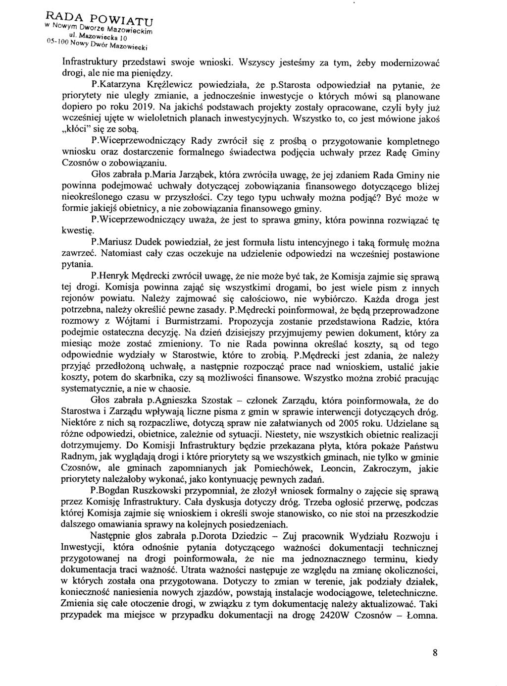 RADA POWIATU w Nowym D Worze Mazowieckim ul. Mazowiecka 10 05-100 Nowy Dw6 M. r azowlecki Infrastruktury przedstawi swoje wnioski.