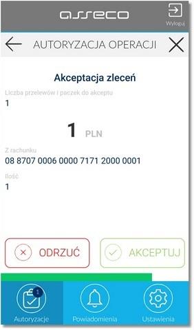 Rozdział 11 Proces autoryzacji dyspozycji złożonych w systemie def3000/ceb za pomocą aplikacji mobilnej Asseco MAA Wybranie opcji autoryzacji dyspozycji, np.