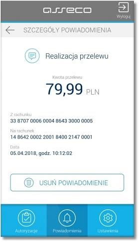 Rozdział 12 Powiadomienia PUSH Powiadomienie PUSH o realizacji przelewu powyżej kwoty granicznej wysyłane jest na sparowane urządzenie autoryzujące po spełnieniu następujących warunków: włączonej