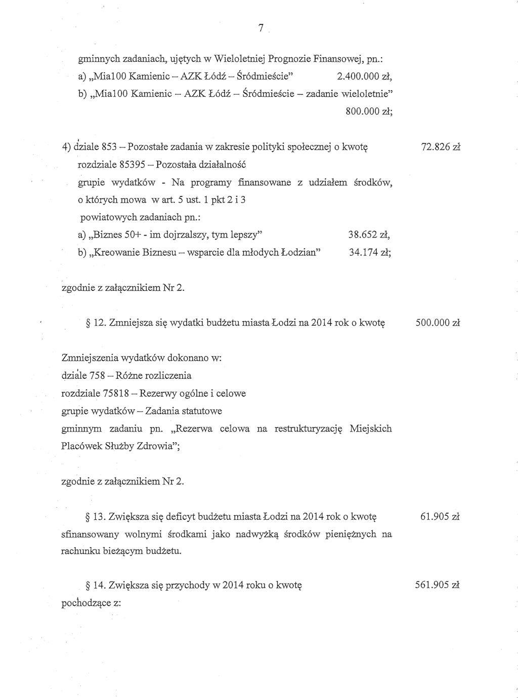grninnych zadaniach, ujqtych w Wieloletniej Prognozie Finansowej, pn.: a),,mia1 00 Kamienic - AZK Lddi - ~rbdmieicie" 2.400.