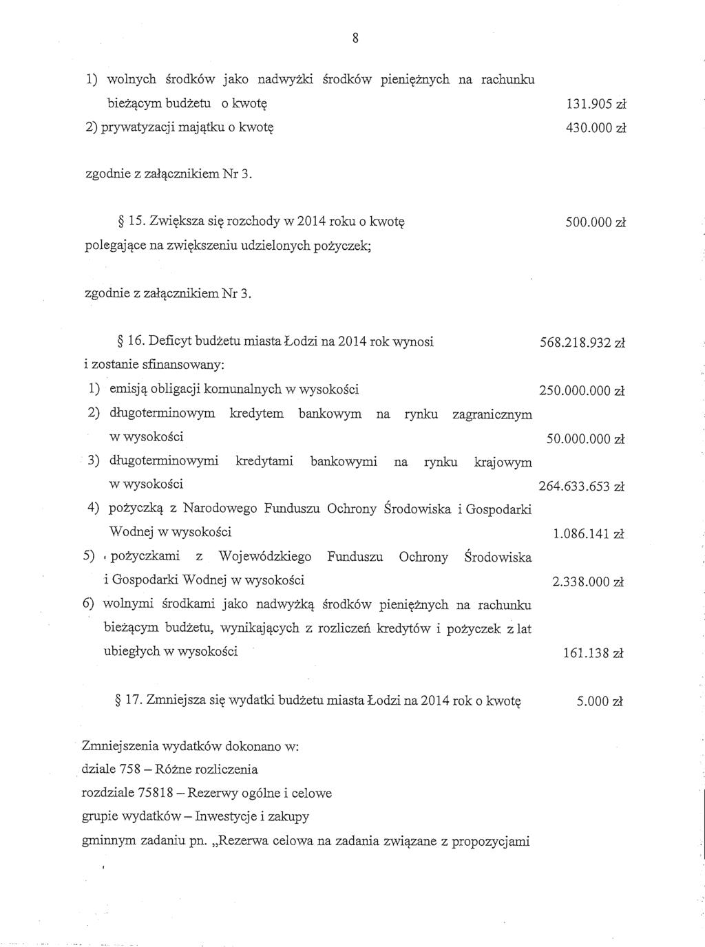 1) wolnych Srodk6w jako nadwyiki Srodk6w pieniqinych na rachunku biezqcym budzetu o kwotq 131.905 zl 2) prywatyzacji majqtku o kwotq 430.000 zl zgodnie z zdqcznikiem Nr 3. 5 15.