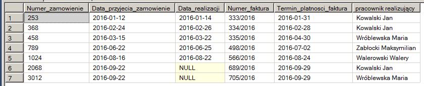 termin płatności faktury, nazwisko i imię pracownika jako pracownik realizujący, dane posortuj rosnąco po dacie przyjęcia zamówienia zamowienie.data_realizacji, faktura.numer_faktura, faktura.