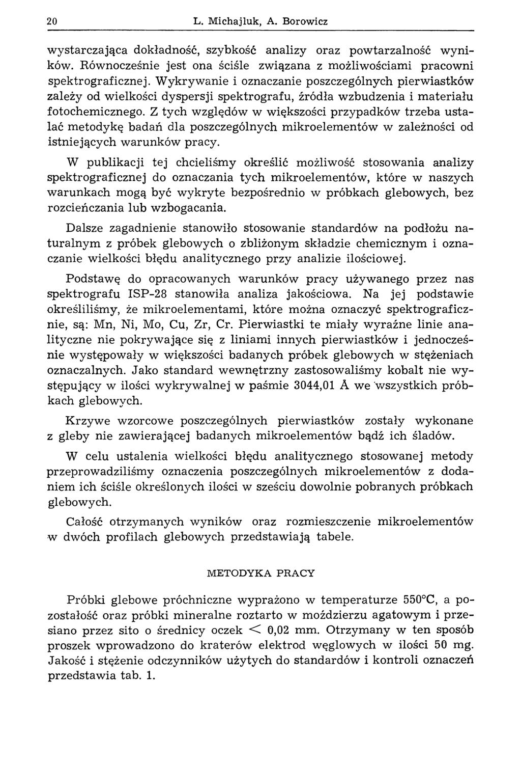 20 L. Mi cha j luk, A. Borowicz w ystarczająca dokładność, szybkość analizy oraz powtarzalność w yników. Równocześnie jest ona ściśle związana z możliwościami pracowni spektrograficznej.