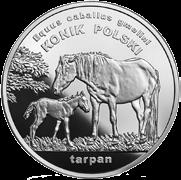 2014 Nakład: 800 000 szt. Projektant rewersu Tadeusz Tchórzewski. 20 zł Konik polski Seria: Zwierzęta Świata. Polskiej.