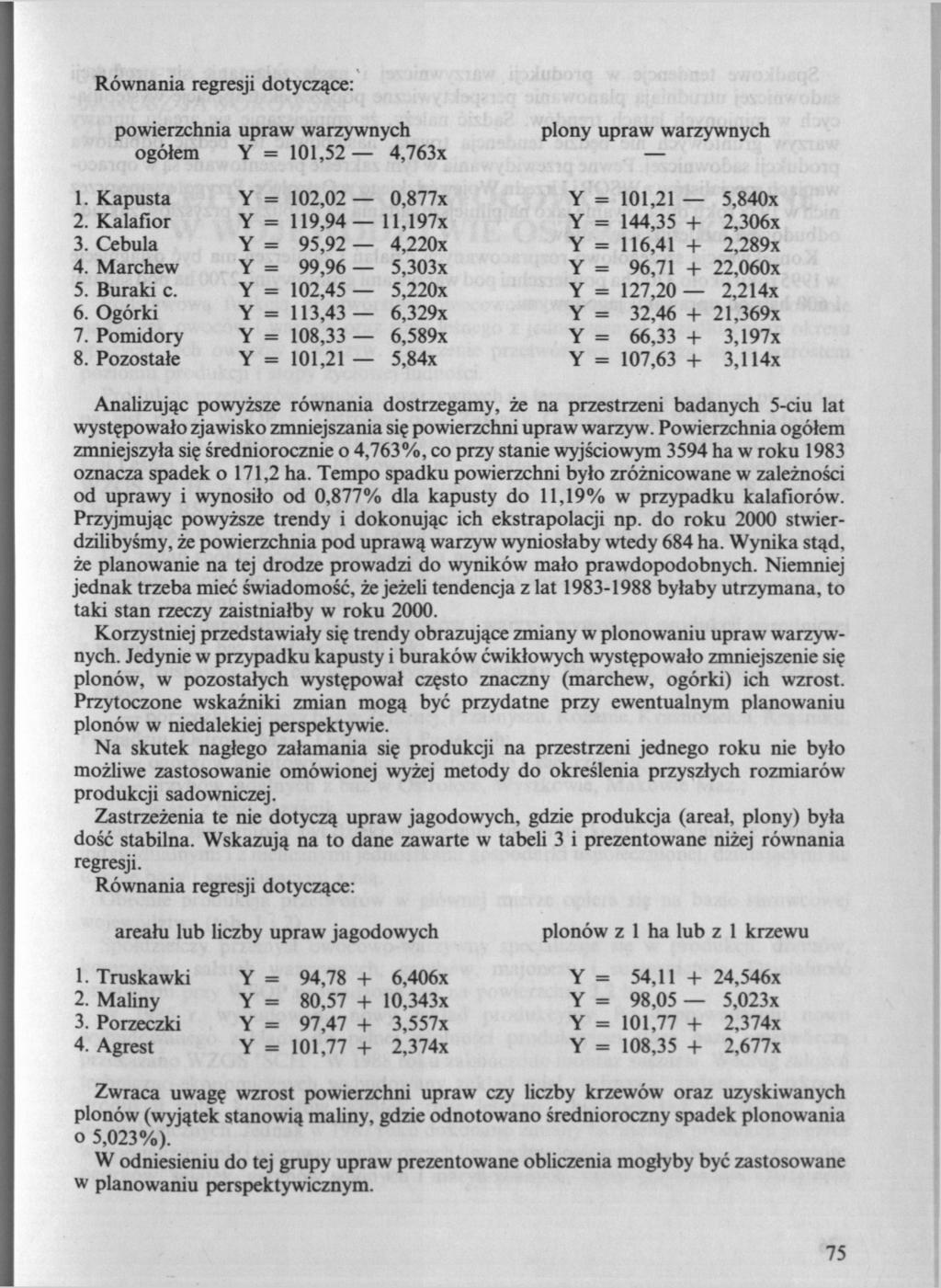 Równania regresji dotyczące: powierzchnia upraw warzywnych ogółem Y = 101,52 4,763x 1. Kapusta Y = 102,02 0,877x 2. Kalafior Y = 119,94 ll,197x 3. Cebula Y = 95,92 4,220x 4.