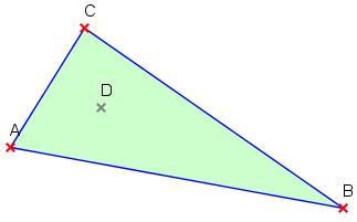 Zbadaj, jakim szczególnym punktem trójkąta ABC jest punkt D. Uwzględnij różne sposoby przeprowadzenia tego badania.