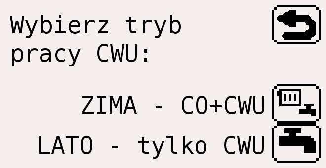 2.1. Tryb lato/zima. Tryb lato/zima służy do przełączania pomiędzy sterowaniem pompy cyrkulacyjnej C.O. i pompy ładującej C.W.U. w trybie zimowym a sterowaniem tylko pompy ładującej C.W.U. w trybie lato.