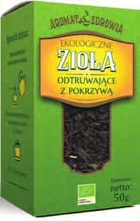 kod: 290216 Zioła odtruwające z pokrzywą (sypane) 50g Składniki: liść pokrzywy (50%), kłącze pięciornika, ziele rdestu ptasiego, liść mięty, liść porzeczki czarnej.