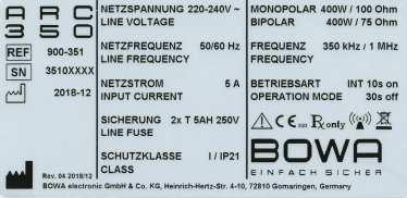 Ilustracja 3-2: Tabliczka znamionowa ARC 350 dla 100 127 V~ Pos : 17 /679-BOWA/HF- Ger äte/arc 300/350/4 Beschr eibung/li eferumfang @ 4\mod_1261040537944_258.doc @ 34880 @ 2 3.3. Zakres dostawy Dokładne informacje na temat zakresu dostawy znajdą Państwo w aktualnych katalogach.