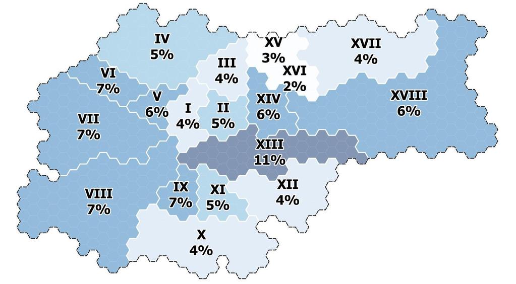 Rysunek 73. Frekwencja w dzielnicach. Źródło: analiza bazy głosów.