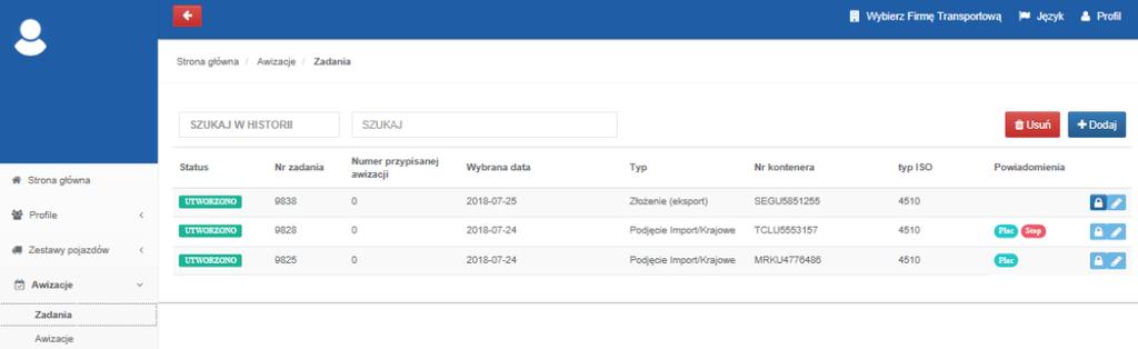 4.3 Usuwanie kontenerów z listy zadań Aby usunąć transakcję w widoku listy kontenerów użyj opcji Usuń.