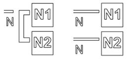 Ważne: - Zachować lub zdjąć metalowe mostki między śrubami skrzynki zaciskowej L1-L2 i N1-N2 zgodnie ze schematem połączeń (patrz rysunek).