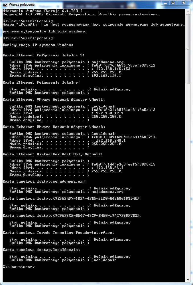 Do wyświetlania konfiguracji interfejsów sieciowych w systemach Windows używa się polecenia ipconfig. Widzimy, że komputer posiada 4 nierutowalne połączenia lokalne. 2.