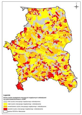 Plany utrzymania wód Przykład prognozy oceny oddziaływania na środowisko: lokalizacja JCWP w których istnieje ryzyko wystąpienia