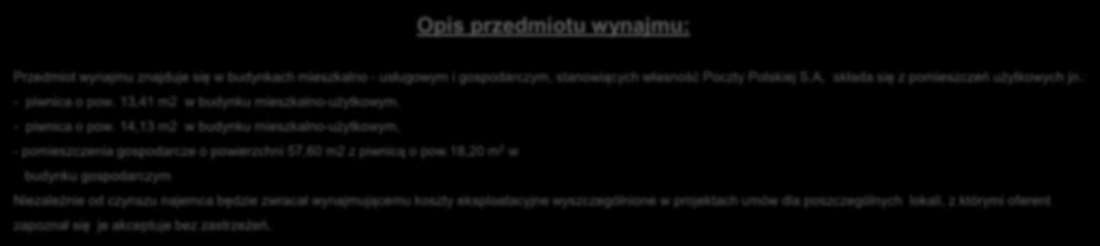 Opis przedmiotu wynajmu: Przedmiot wynajmu znajduje się w budynkach mieszkalno - usługowym i