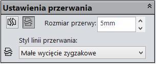 Przerwanie widoku: wybierz (kliknij) widok przekroju, na pasku Widok układu kliknij Przerwanie, ustaw wymagane parametry (rysunek 6.84). Rysunek 6.84. Przykład ustawień przerwania 6.5.