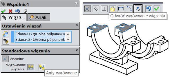 W programie występują pod nazwą Wiązanie, i tak też będą nazywane): na pasku Złożenie kliknij polecenie Wiązanie, zaznacz powierzchnie jak na rysunku 6.7,