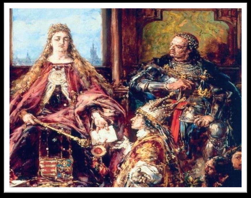 Małżeństwo Jadwigi i Jagiełły Małżeństwo królowej Jadwigi, która miała zaledwie dwanaście lat, ze znacznie starszym od niej Wielkim Księciem Litewskim Władysławem Jagiełłą było dużym
