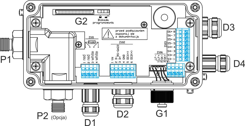 (Z106) G1 - gniazdo transmisji danych G2 - złącze wiązki elektrycznej łączącej elektronikę w pokrywie i podstawie PRZYGOTOWANIE PRZEWODÓW Rys.