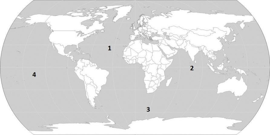 ) Na mapie świata numerem 3 oznaczono: A. Ocean Atlantycki B. Ocean Indyjski C. Ocean Spokojny D. Ocean Południowy Zadanie 4.