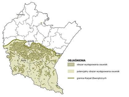 Rysunek 6. Obszary występowania osuwisk na terenie województwa podkarpackiego. Źródło: http://monitoruj.podkarpackie.pl/ 5.8.1.