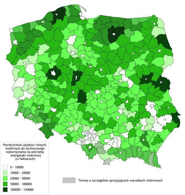 Rysunek 8. Powierzchnia użytków rolnych na terenie kraju z możliwością wykorzystania na potrzeby energetyki wiatrowej. Źródło: Atlas wietrzności dla Polski anemos. Acroenergy sp. z o.o. Warszawa.