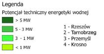 Rysunek 12. Potencjał techniczny energetyki wodnej na terenie województwa podkarpackiego. Źródło: Wojewódzki Program Rozwoju Odnawialnych Źródeł Energii dla Województwa Podkarpackiego.