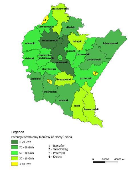 3.11.4 ENERGIA Z BIOMASY Potencjał biomasy leśnej na terenie powiatu określono w przedziale od 11 do 20 GWh, co w porównaniu do innych powiatów na terenie województwa daje niską wartość.