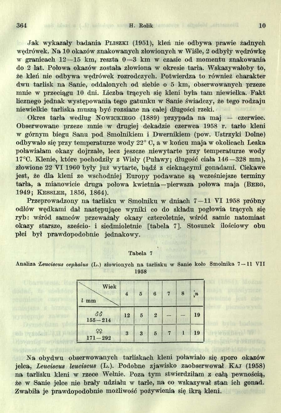 Na obydwu obserwowanych tarliskach kleni poławiało się sporo okazów jelca, Leuciscus leuciscus (L.). Podobne zjawisko zaobserwował K a j (1958) na tarlisku kleni w rzece Wełnie.