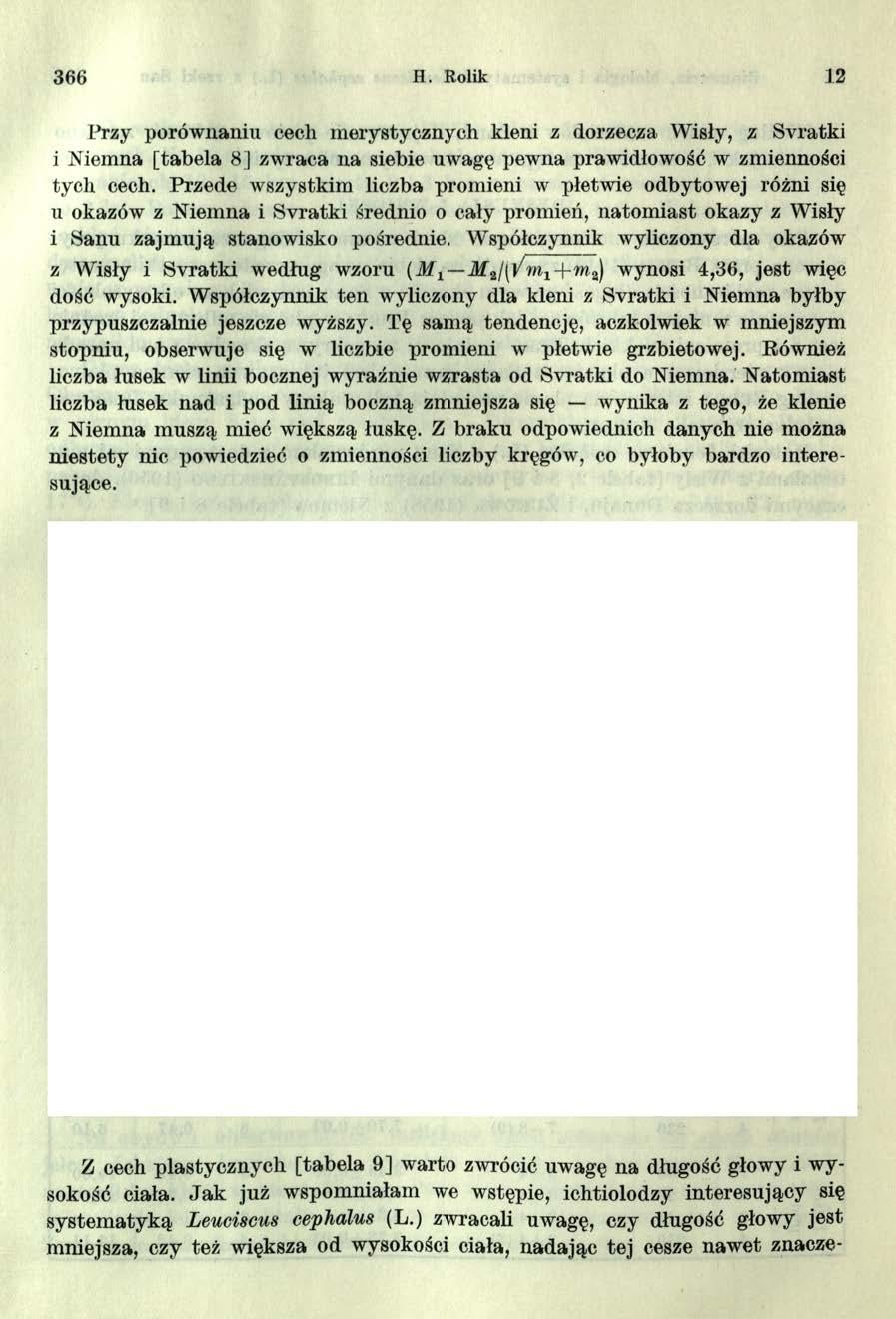3 66 fl. Rolik 12 Przy porównaniu cech merystycznych kleni z dorzecza Wisły, z Svratki i Niemna [tabela 8] zwraca na siebie uwagę pewna prawidłowość w zmienności tych cech.