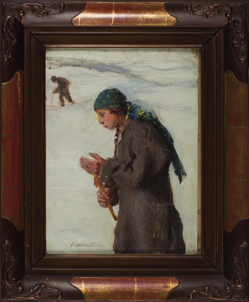 13. Teodor AxEnTOWIcZ (1859-1938) NA GROMNICZNą Olej, tektura, 29 x 22 cm, sygn. l.d.: T. Axentowicz. 25.000,- Malarz, pastelista, litograf.