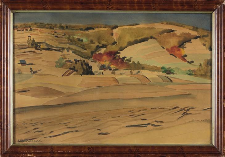15. Rafał malczewski (1892-1965) PejZAż GÓRSKI Akwarela, papier, 32,5 x 49,5 cm, sygn. l.d.: Rafał Malczewski. Na odwrocie naklejka TPSP Poznań. 8.