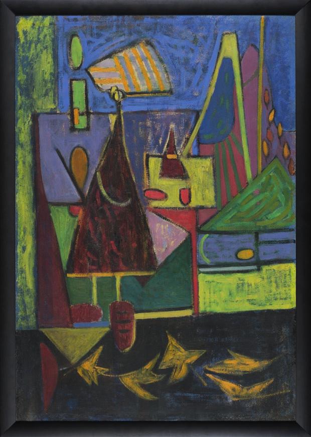 45. Kazimierz mikulski (1918-1998) KOMPOZYCjA GeOMeTRYCZNA Olej, tektura, 100,5 x 69,1 cm, niesygnowany. Wystawiany i reprodukowany w katalogu Kazimierz Mikulski wczesne prace, Desa Kraków 2016.