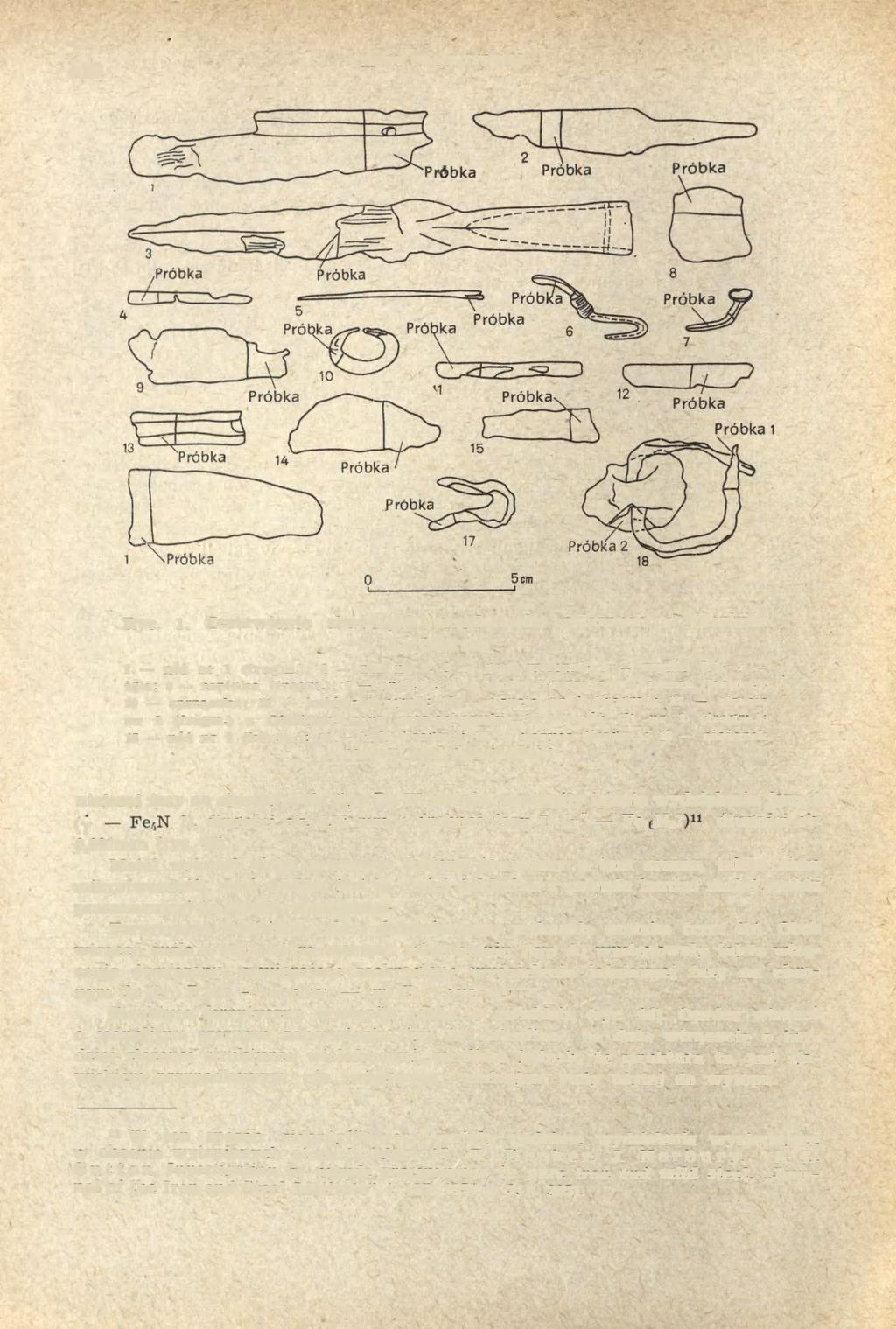 428 Rye. 1. Zestawienie zbadanych przedmiotów żelaznych z Olsztyna i z Choruli: 1 nóż nr. 1 (fragm.); 2 nóż nr 2; 3 grot włóczni; 4 mydło (?); 5 igła; 6 zapinka (fragm.); 7 gwóźdź; 8 umbo (fragm.