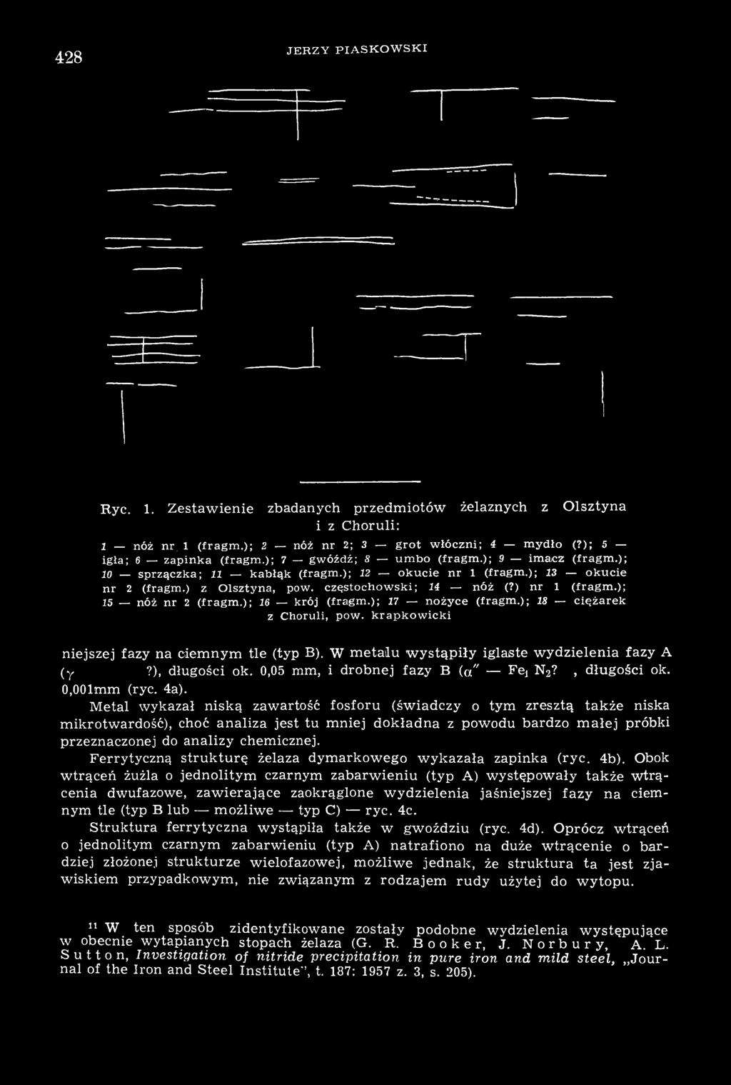 ); 17 nożyce (fragm.); 18 ciężarek z Choruli, pow. krapkowicki niejszej fazy na ciemnym tle (typ B). W metalu wystąpiły iglaste wydzielenia fazy A (γ - Fe 4 N?), długości ok.