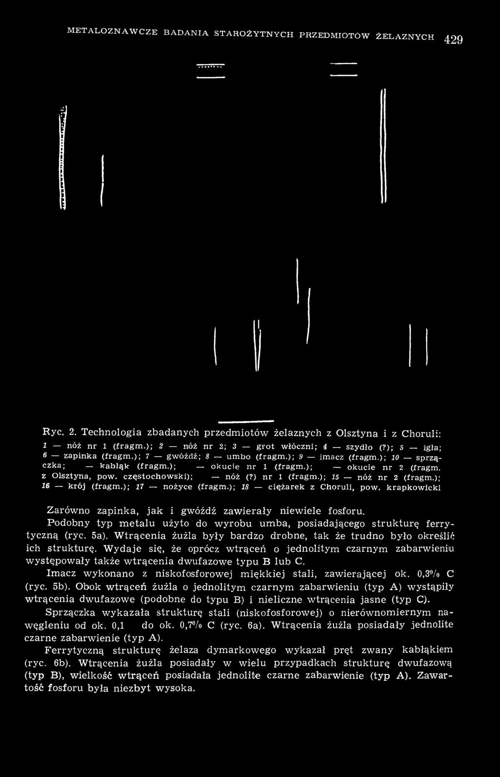 częstochowski);14 nóż (?) nr 1 (fragm.); 15 nóż nr 2 (fragm.); 16 krój (fragm.); 17 nożyce (fragm.); 18 ciężarek z Choruli, pow. krapkowicki Zarówno zapinka, jak i gwóźdź zawierały niewiele fosforu.