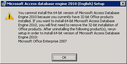Komunikat błędu dla Access engine 64bit Należy w takim przypadku pobrać z dodatków do wersji plik Instalator MS Access DB Engine 20