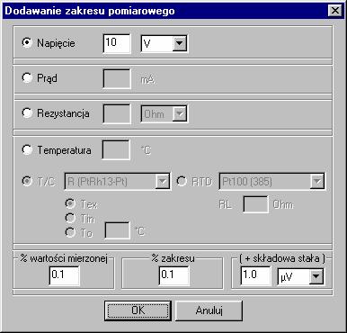 Instrukcja obsługi programu Calpro 405 15 Przygotowanie tablicy pomiarowej należy zacząć od wprowadzenia zakresu miernika.