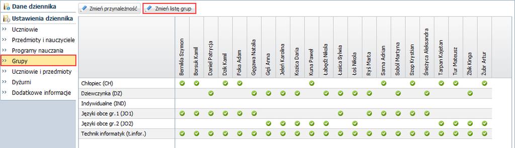 odbywały się w podziale na grupy, to w dzienniku należy określić przynależność uczniów do poszczególnych grup. 1. W dzienniku oddziału przejdź na stronę Grupy.