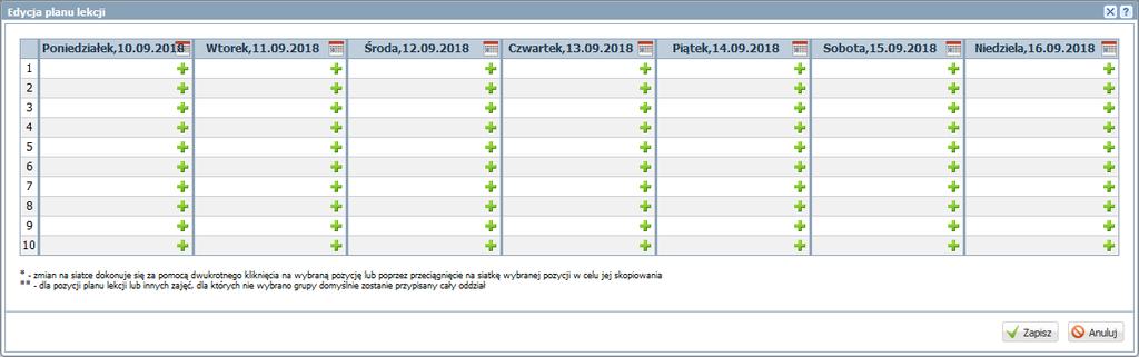 UONET+. Dokumentowanie zajęć realizowanych w ramach kształcenia modułowego 9/12 3. W oknie Edycja planu lekcji wprowadź plan lekcji oddziału.