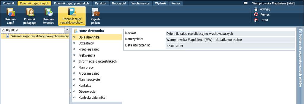 obserwacji). 3. W widoku Wydruki/ Wydruki dzienników drukowanie dziennika zajęć rewalidacyjno-wychowawczych (całego i poszczególnych stron). 4.