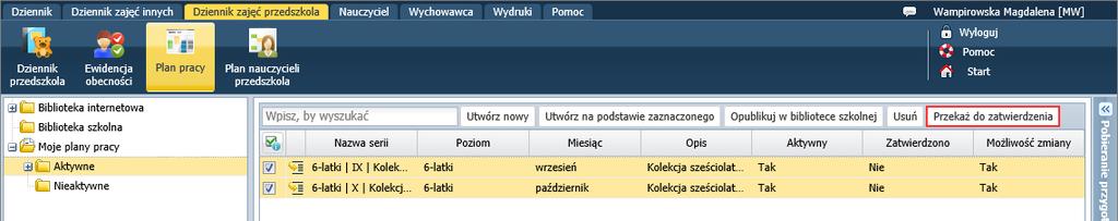 godzin/ Godziny dodatkowe, karta Godziny z dzienników zajęć innych). Inne zmiany w module Dziennik Dziennik zajęć przedszkola/ Plan pracy 1.