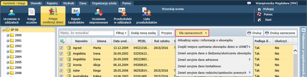 Dziennik/ Lekcja Podczas dokumentowania lekcji z grupą pomniejszoną o uczestników wycieczki, na karcie Frekwencja dodano komunikat o uczniach przebywających na wycieczce.