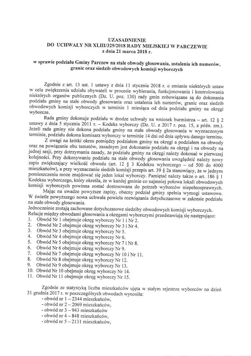 UZASADNIEIVIE DO UCHWAI,Y NR XLIII/329I20I8 RADY MIEJSKIEJ W PARCZEWIE z dnia 2l marca 201g r.