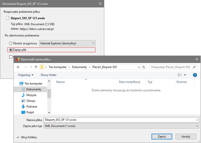 Plikowi XVSIO domyślnie nadawana jest nazwa Eksport SIO_<skrót_jednostki>, np. Eksport SIO_SP1. 6. Kliknij ikonę i zapisz przygotowany plik (XVSIO lub ZIP) w utworzonym folderze.