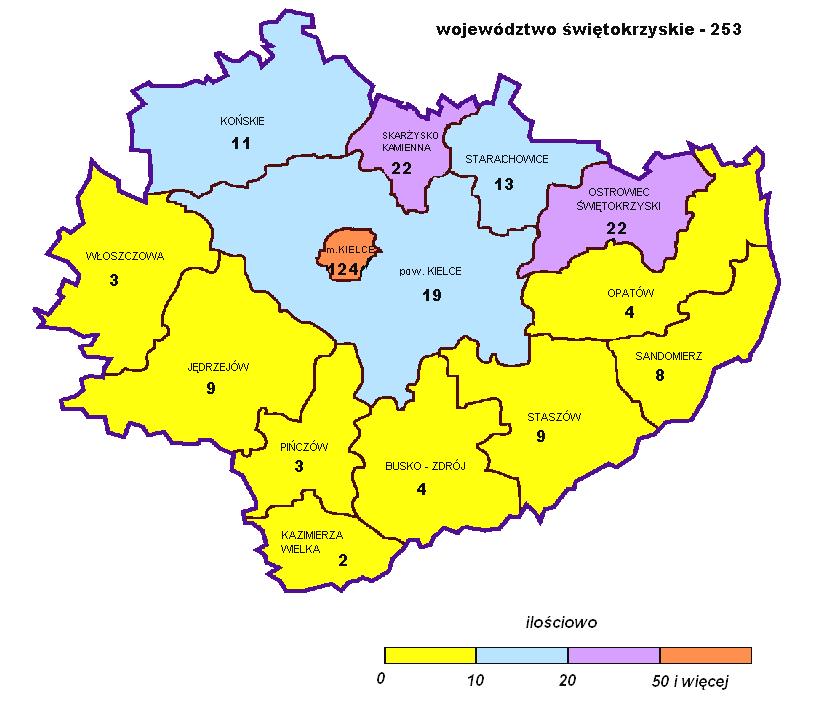 Ilość instytucji szkoleniowych w poszczególnych powiatach województwa przedstawia również poniższa mapa.