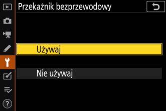 Nawiązywanie połączenia za pomocą przekaźnika WT-7 Podłącz przekaźnik WT-7 za pomocą kabla USB dostarczonego zaparatem. Włącz przekaźnik i wybierz Przekaźnik bezprzew.