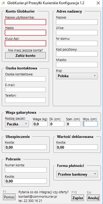 1. W module konfiguracyjnym należy uzupełnid dane logowania dla serwisu